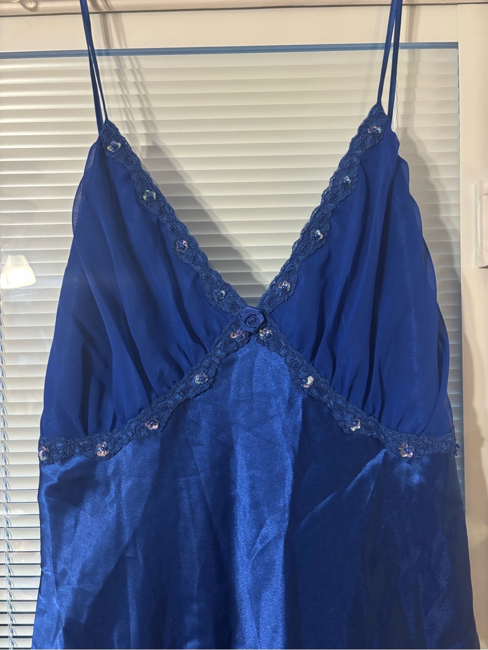 Vintage Blue Satin Slip Nightgown with beaded lace trim - Picture 4 of 10